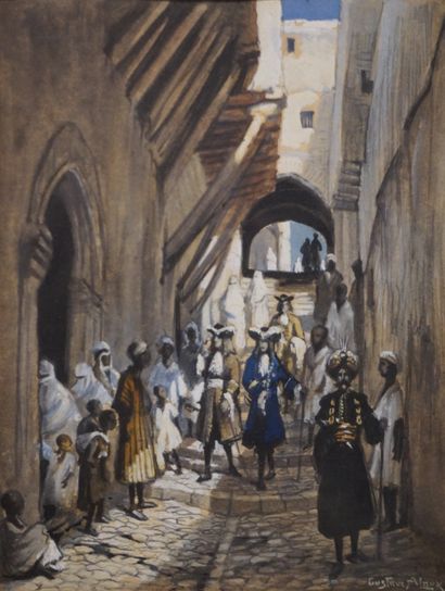 Gustave ALAUX (1887-1965) "Ambassadeurs dans une ruelle africaine", technique mixte,...