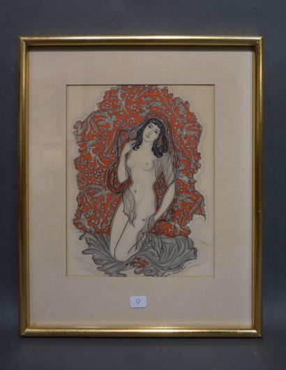 Genia Minache "Femme nue agenouillée au voile", gravure sur bois gouaché, sbd. 20,5x16...