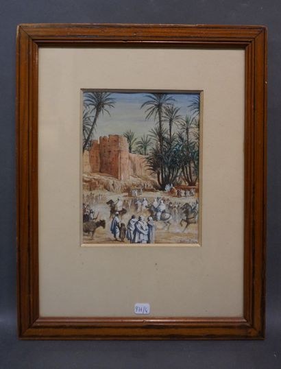 Gustave ALAUX (1887-1965) "Cavaliers arabes dans un village fortifié", technique...