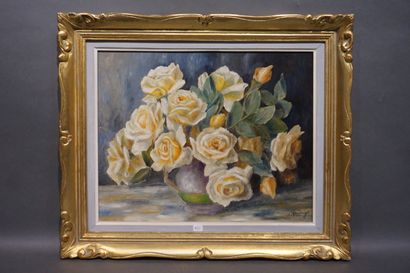 J. LAUDRY "Bouquet of yellow roses", oil on isorel, sbd. 32,5x41 cm