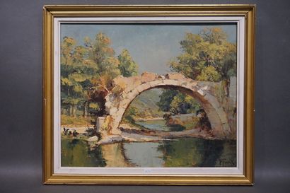 P. FONT "Pont", huile sur panneau, sbd, situé au dos "Vieux pont sur le Loup à Villeneuve...