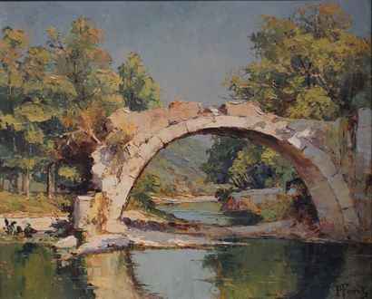 P. FONT "Pont", huile sur panneau, sbd, situé au dos "Vieux pont sur le Loup à Villeneuve...