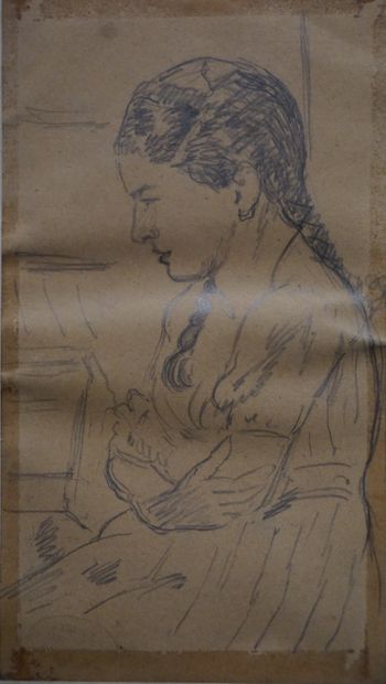 null Dessin: "Femme à la natte de profiil". Cachet d'atelier (pliures). 17x10 cm