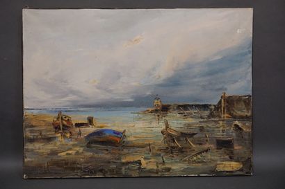 ANTE (?) Ecole XXe: "Port à marée basse", huile sur toile (usures). 54x73 cm