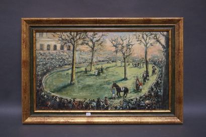 Stanislas BLASZCZYT (XX°) "Longchamp avant le départ", huile sur toile, sbg. 33x55...