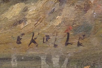 E. KOLLE "Bord de rivière", huile sur panneau, sbd. 27,5x55 cm