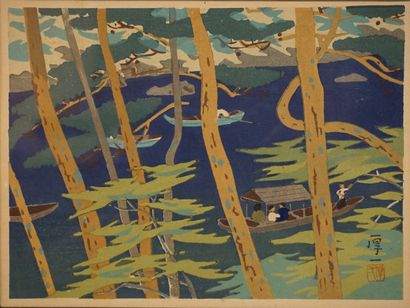 null Japanese print: "Lake landscape in Arashiyama", sbd. 19x25 cm