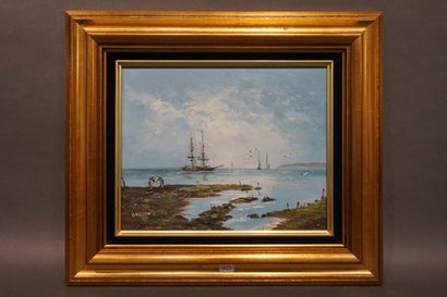 BARTON "Voiliers sur la côte", huile sur toile, sbg. 21x26 cm