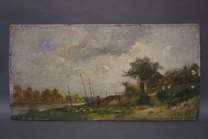 E. KOLLE "Bord de rivière", huile sur panneau, sbd. 27,5x55 cm