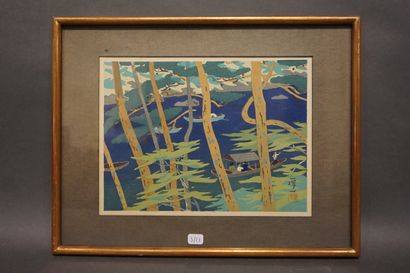 null Estampe japonaise: "Paysage lacustre à Arashiyama", sbd. 19x25 cm