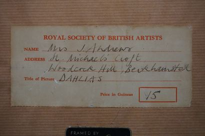 Jennifer ANDREWS "Dahlias", aquarelle, sbg, daté 1961. Au dos étiquette de la Royal...