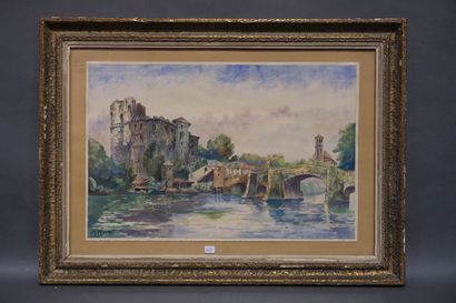 M. RUEFF "Vue du château de Plisson", aquarelle, sbg, situé au dos. 31x47 cm