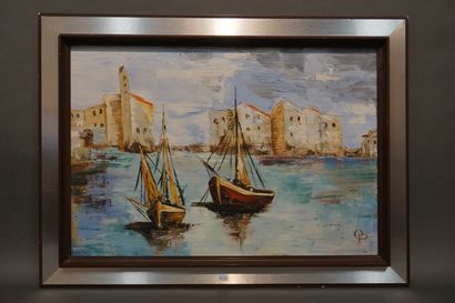 null "Port méditérranéen", huile sur toile, monogrammé OP en bas à droite. 38x55...