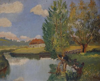 null 
Ecole milieu XX°: "Paysage à la rivière", huile sur panneau, porte une signature...