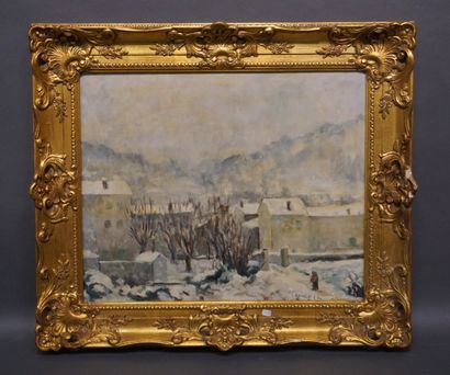 Léonard LASSALLE (XX°) "Village de montagne sous la neige", huile sur toile, sbd,...