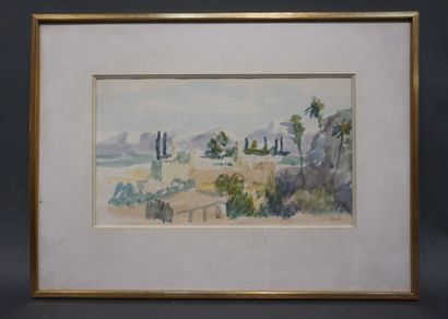 HATT "Vue de Marrakech", aquarelle, sbd, daté au dos 1981, vue prise de la terrasse...