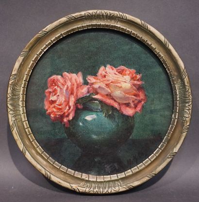 Mathilde DELATTRE (1871-?) "Bouquet de roses", aquarelle ronde, daté 1927, sbd. Etiquette...