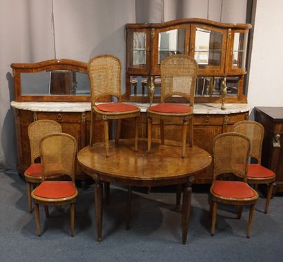 null Dining room 1900 in burr veneer, marquetry of nets and gilded bronze ornamentation:...