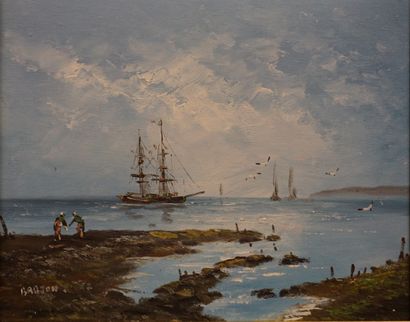 BARTON "Voiliers sur la côte", huile sur toile, sbg. 21x26 cm