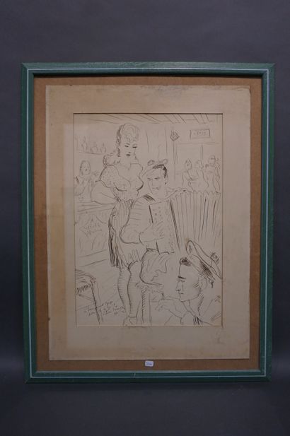 Pierre SIMON (1907-1999) "Marins au bar A La Belle Marine", dessin à l'encre, sbg,...