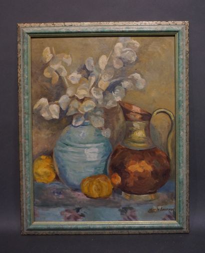 Marie LAURENT "Nature morte à la cruche de cuivre", huile sur carton, sbd. 45x35...