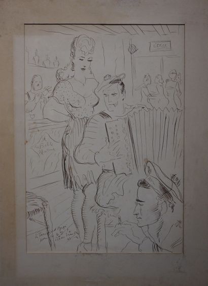 Pierre SIMON (1907-1999) "Marins au bar A La Belle Marine", dessin à l'encre, sbg,...