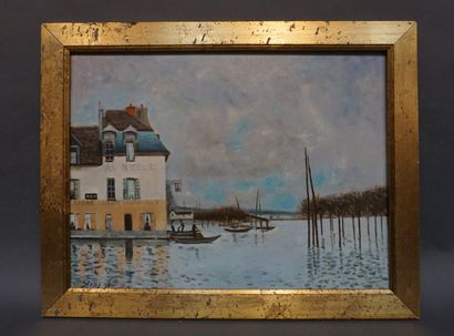 null "L'inondation de Port-Marly", huile sur bois, copie d'après Sisley. 30x40 c...