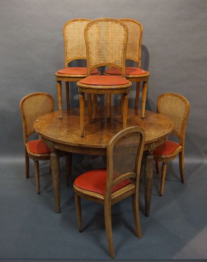 null Dining room 1900 in burr veneer, marquetry of nets and gilded bronze ornamentation:...