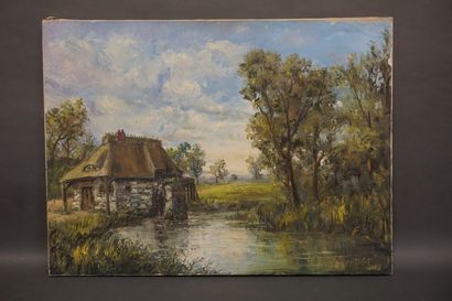 KRISTOFF Ecole XXe: "Rivière au moulin", huile sur toile, sbd. 60x81 cm