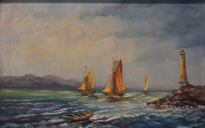 R. GONDSMEDI (?) "Rivage au phare", huile sur toile, sbd. 40x60 cm
