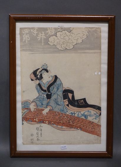 null Estampe japonaise: "Musicienne", signé. 36x24 cm