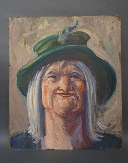 Marcel CHABAS (1890-1948) "Portrait de femme au chapeau vert", huile sur carton,...