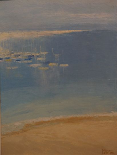 Martha LEONOR "Plage devant le port", huile sur toile, sbd. 61x46 cm