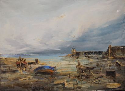 ANTE (?) Ecole XXe: "Port à marée basse", huile sur toile (usures). 54x73 cm