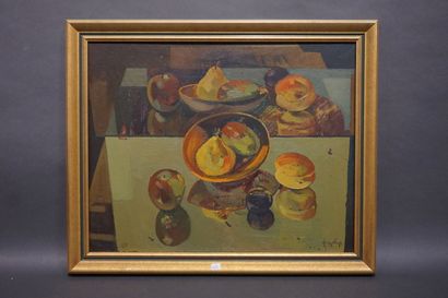 null Ecole asiatique (Macao ?): "Nature morte aux fruits", huile sur toile, daté...