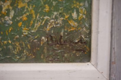 null 
Ecole milieu XX°: "Paysage à la rivière", huile sur panneau, porte une signature...