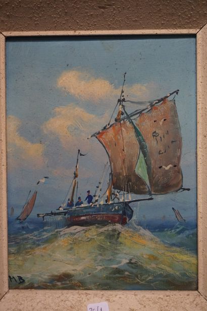 null Paire d'huiles sur isorel: "Bateaux de pêche", monogrammé MB. 24x18,5 cm