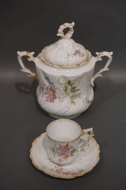 null White porcelain coffee service with floral decoration. J. Lo in Paris. 22 pieces:...