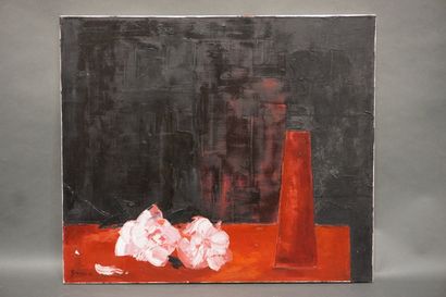 G. MOISSON "Nature morte aux vase rouge", huile sur toile, sbg, daté 03 (manque)....
