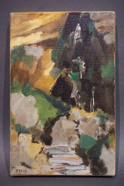 OSLIN (?) "Cascade", huile sur toile, sbg (rentoilé). 22x14 cm