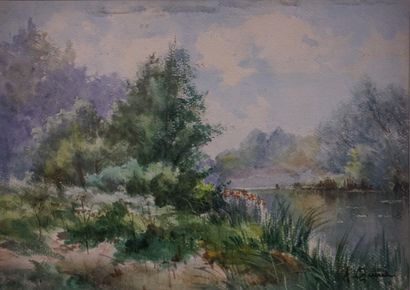 A. QUEILLE "Bord de rivière", aquarelle, sbd. 19,5x28 cm