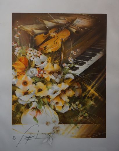 null "Bouquet au violon", lithographie, sbg, 165/175. 72x52 cm