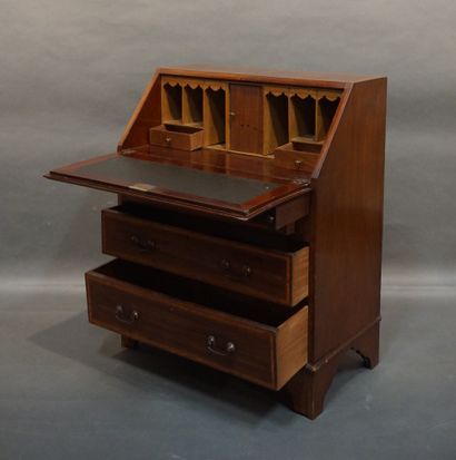 null English sloping desk with three drawers and a flap, in veneer and inlaid with...