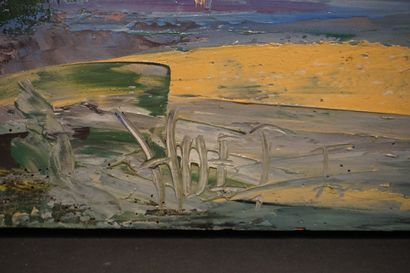 HUET "Breton seaside", oil on wood, sbg. 17x126x3 cm
