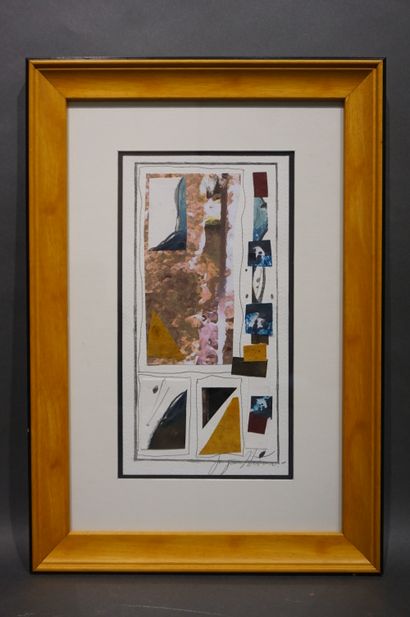 null "Abstraction", technique mixte et collage, sbd. 24,5x13 cm