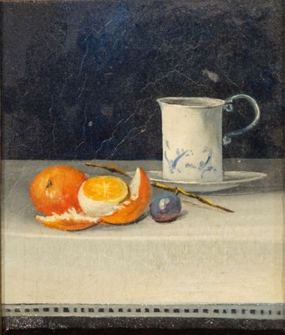 Molinos JANOS "Nature morte aux oranges, à la tasse et au raisin", huile sur toile,...