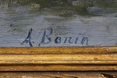 A. BONIN "Maisons au bord de la rivière", huile sur toile, sbd (accidents). 46x55...