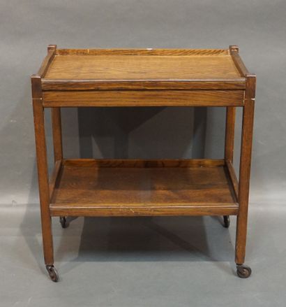 null Wooden table on wheels with two tops and a side drawer. 69x65x41 cm