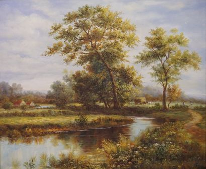 null "Moisson au bord de la rivière", huile sur toile. 51x61 cm