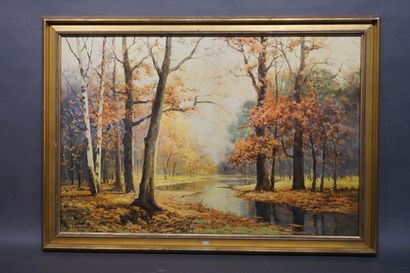 null D'après Robert Wood: "Paysage d'automne", reproduction sur toile. 60x90 cm